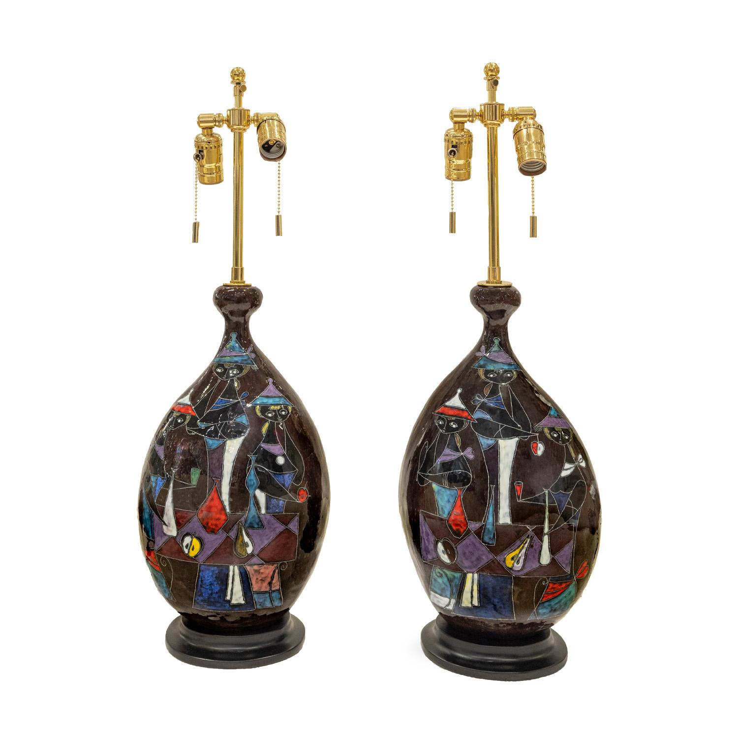 Mid-Century Modern Marcello Fantoni Pair of Ceramic Table Lamps with Figural Motif 1950s (Signed) For Sale