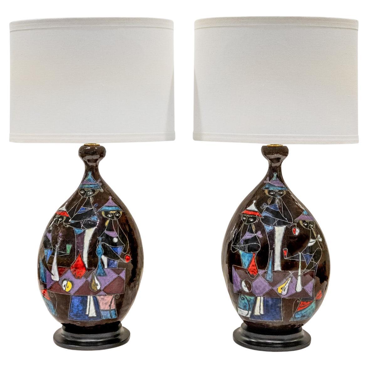 Marcello Fantoni, Paar Keramik-Tischlampen mit figürlichem Motiv, 1950er Jahre (Signiert)