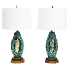 Marcello Fantoni Pair of Superb Ceramic Table Lamps with Chinese Motifs 1950s