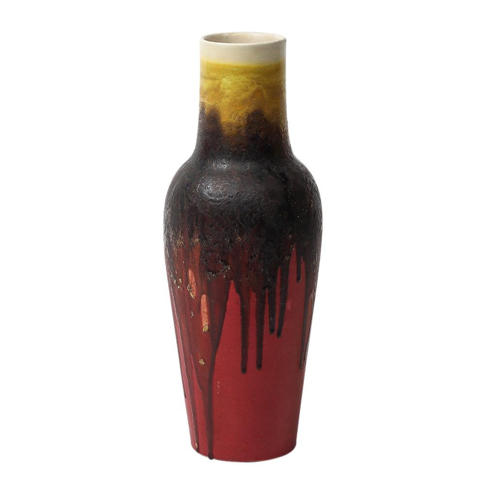 Marcello Fantoni Vase Raymor, céramique, émail goutte à goutte, rouge bourgogne, jaune, signé en vente 2