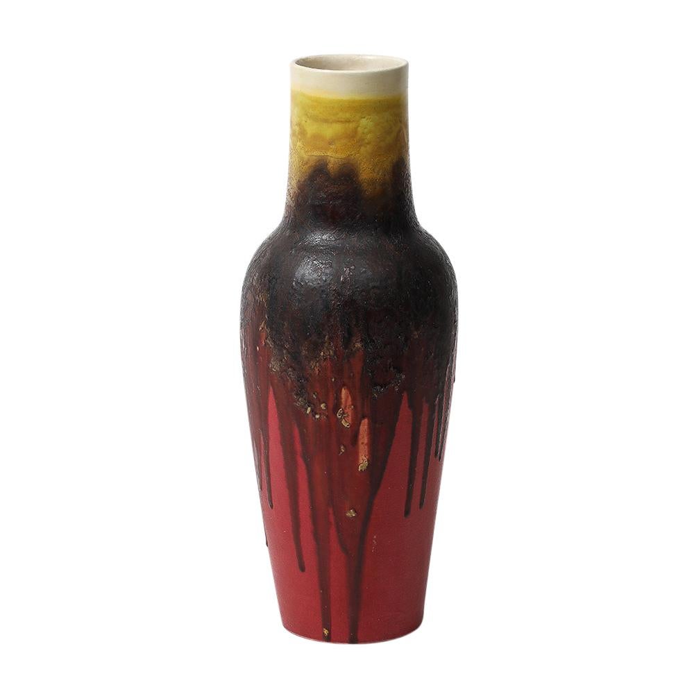 Marcello Fantoni Vase Raymor, céramique, émail goutte à goutte, rouge bourgogne, jaune, signé en vente 3
