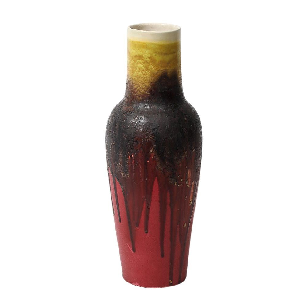 Marcello Fantoni Vase Raymor, céramique, émail goutte à goutte, rouge bourgogne, jaune, signé en vente 4