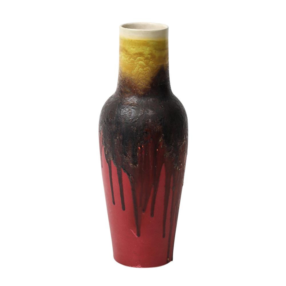 Marcello Fantoni Vase Raymor, céramique, émail goutte à goutte, rouge bourgogne, jaune, signé en vente 5