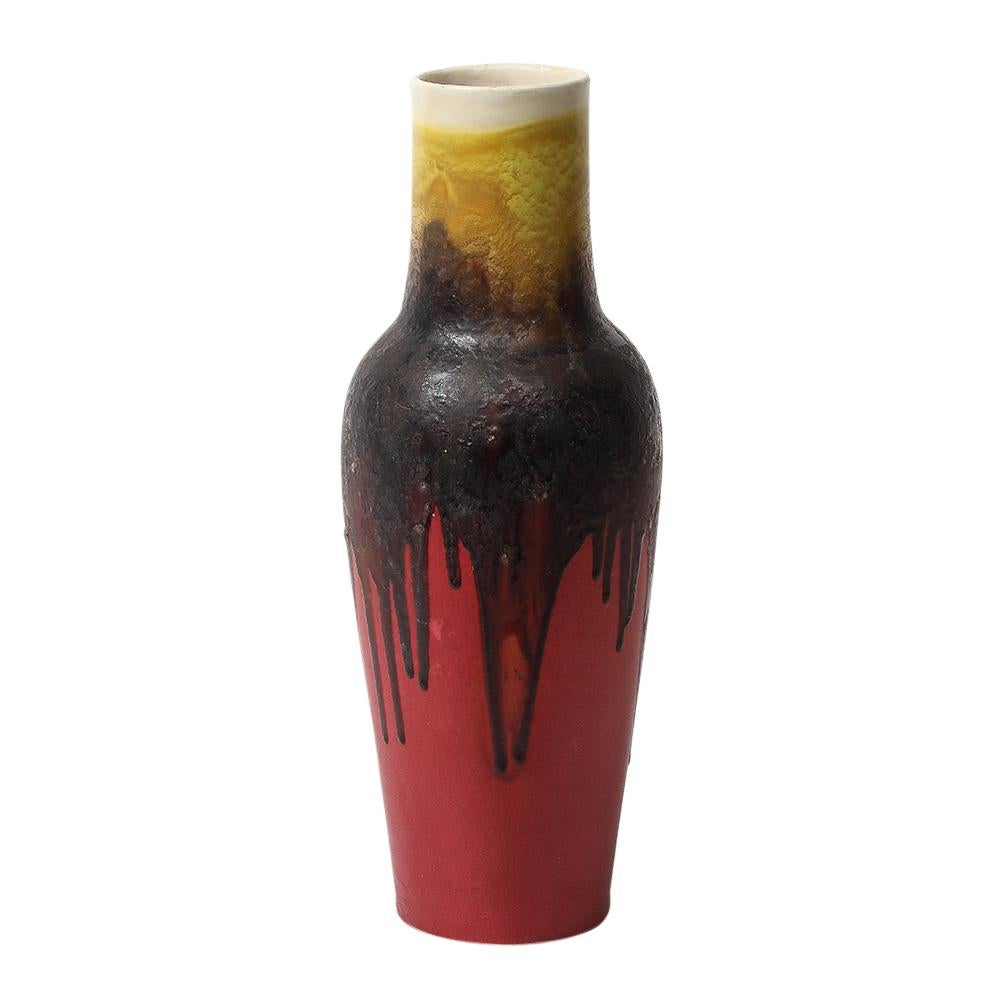 Marcello Fantoni Vase Raymor, céramique, émail goutte à goutte, rouge bourgogne, jaune, signé en vente 1