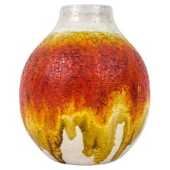 Vintage Marcello Fantoni Round Tapered Ceramic Modern Vase, Red, White, Yellow, Italy.