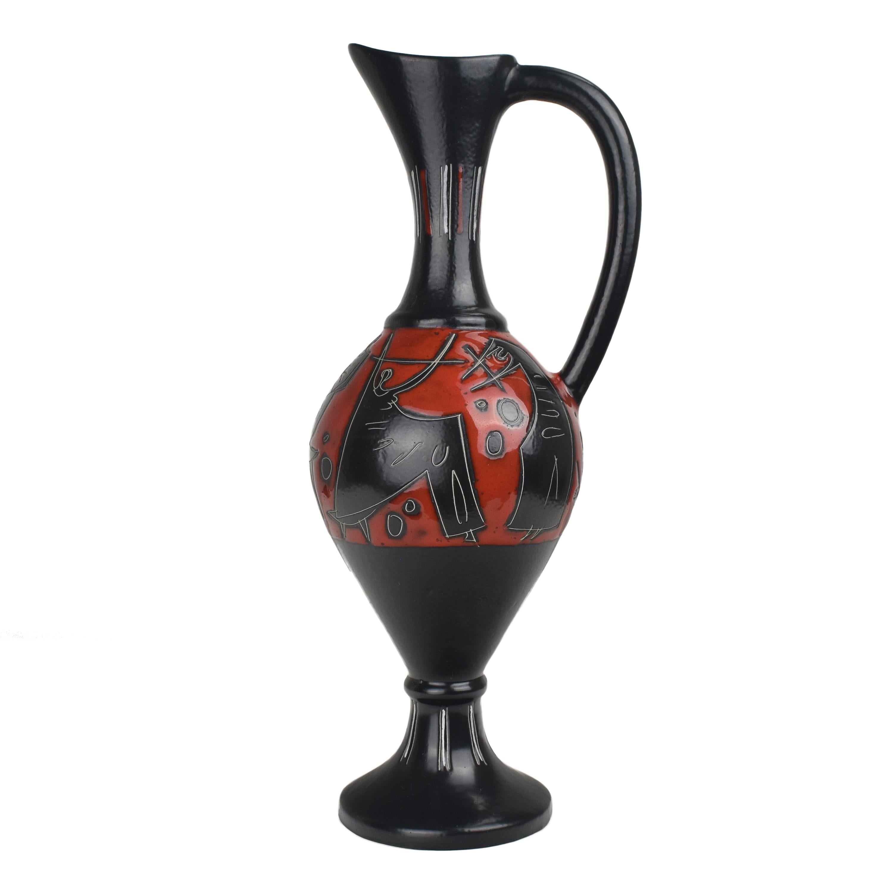 The vintage ceramic jug vase by Marcello Fantoni from the 1960s is an exceptional and artistic piece that exemplifies the mastery of Italian ceramics during that era. Marcello Fantoni was a renowned Italian ceramist and sculptor known for his