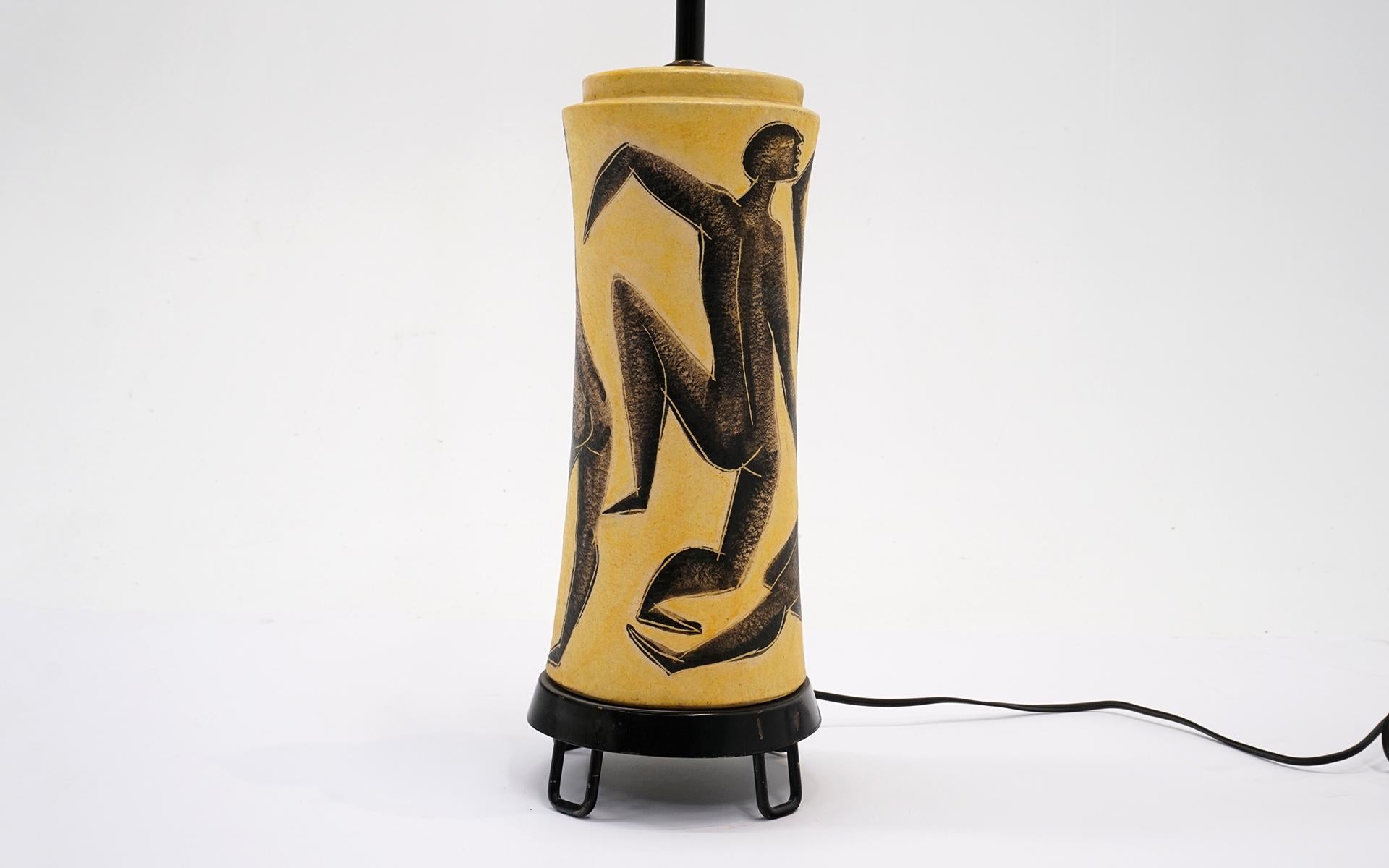 Mid-Century Modern Marcello Fantoni Table Lamp, Hand Painted Figural Dancers, Original, Signed For Sale