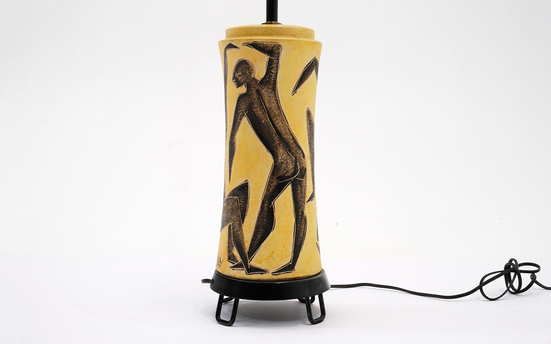 Italian Marcello Fantoni Table Lamp, Hand Painted Figural Dancers, Original, Signed For Sale
