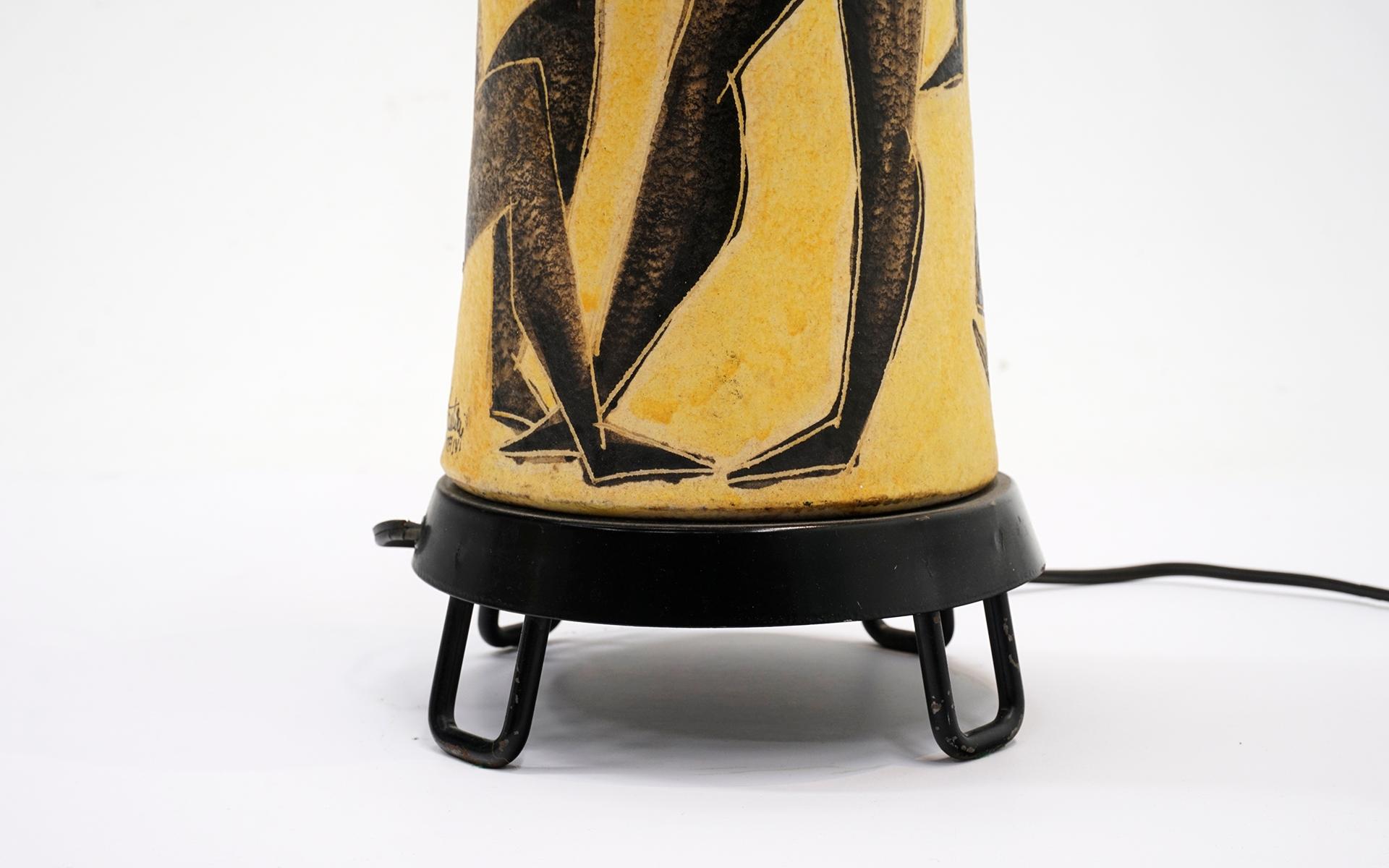 Enameled Marcello Fantoni Table Lamp, Hand Painted Figural Dancers, Original, Signed For Sale