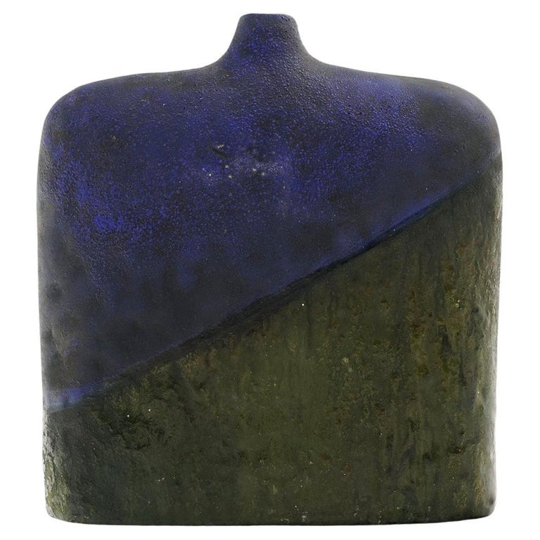Marcello Fantoni Vase for Raymor, Italy, Blue, Green, Black Glaze, Signed For Sale