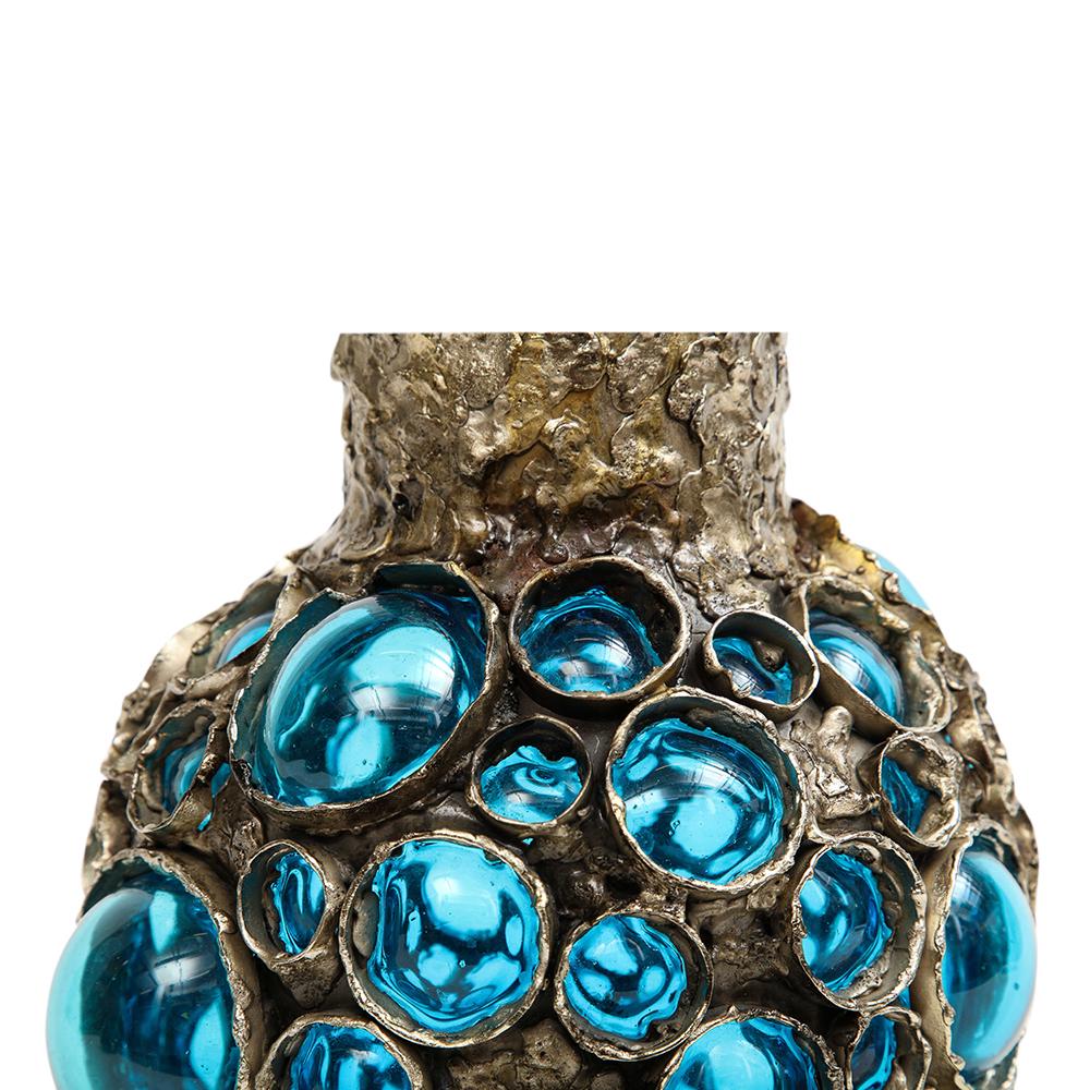 Marcello Fantoni Vase, Fused Metal, Blown Glass, Signed. From a collaboration between glass artist, Gian Paolo and Fantoni: a chunky footed vase with bronze toned fused metal outer body and a thick blue blown glass inner sleeve. A very special vase