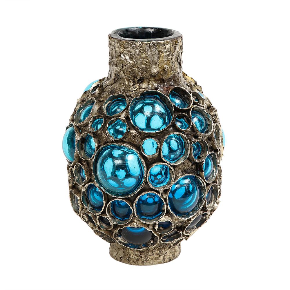 Hand-Crafted Marcello Fantoni Vase, Fused Metal, Blown Glass, Signed For Sale