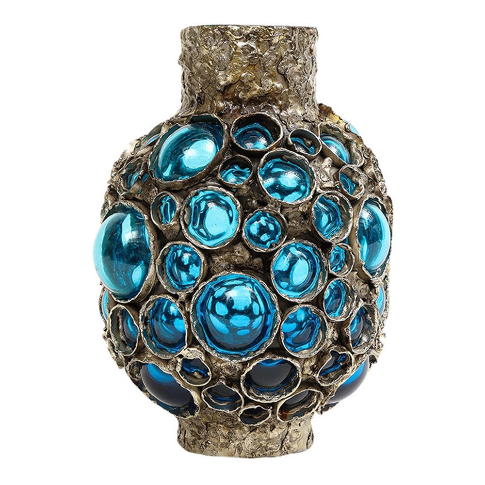 Marcello Fantoni Vase, Fused Metal, Blown Glass, Signed