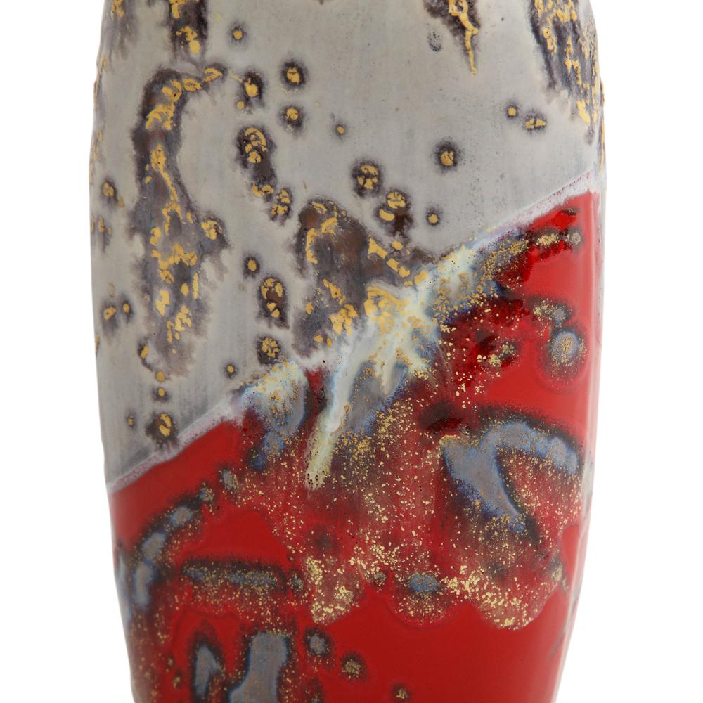 Marcello Fantoni Vase, Stoneware, Abstract, Red, Gold, Gray, Signed For Sale 3
