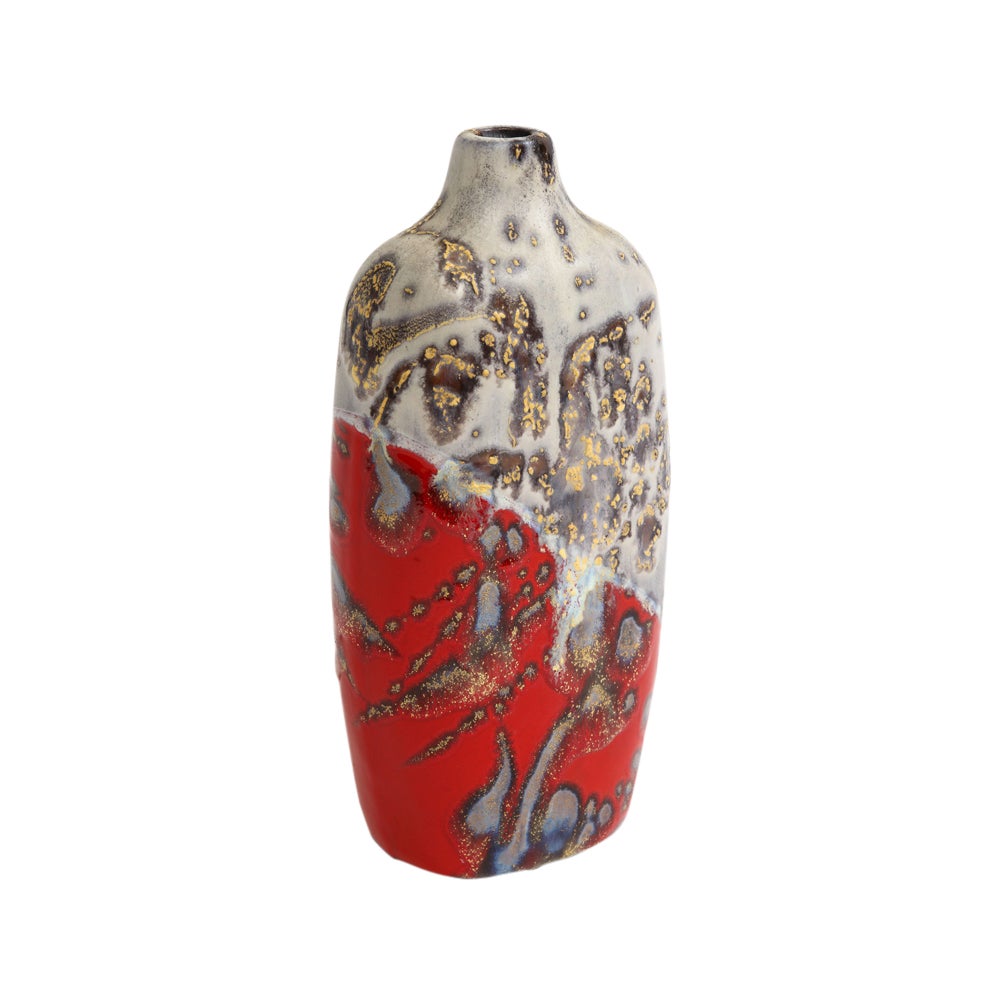 Marcello Fantoni vase, Stoneware, Abstract, Red, Gold, Gray, Signed. Small scale vase with sloped shoulders, decorated with a drip glaze in red, gray and gold. Signed on the underside: Fantoni Italy.