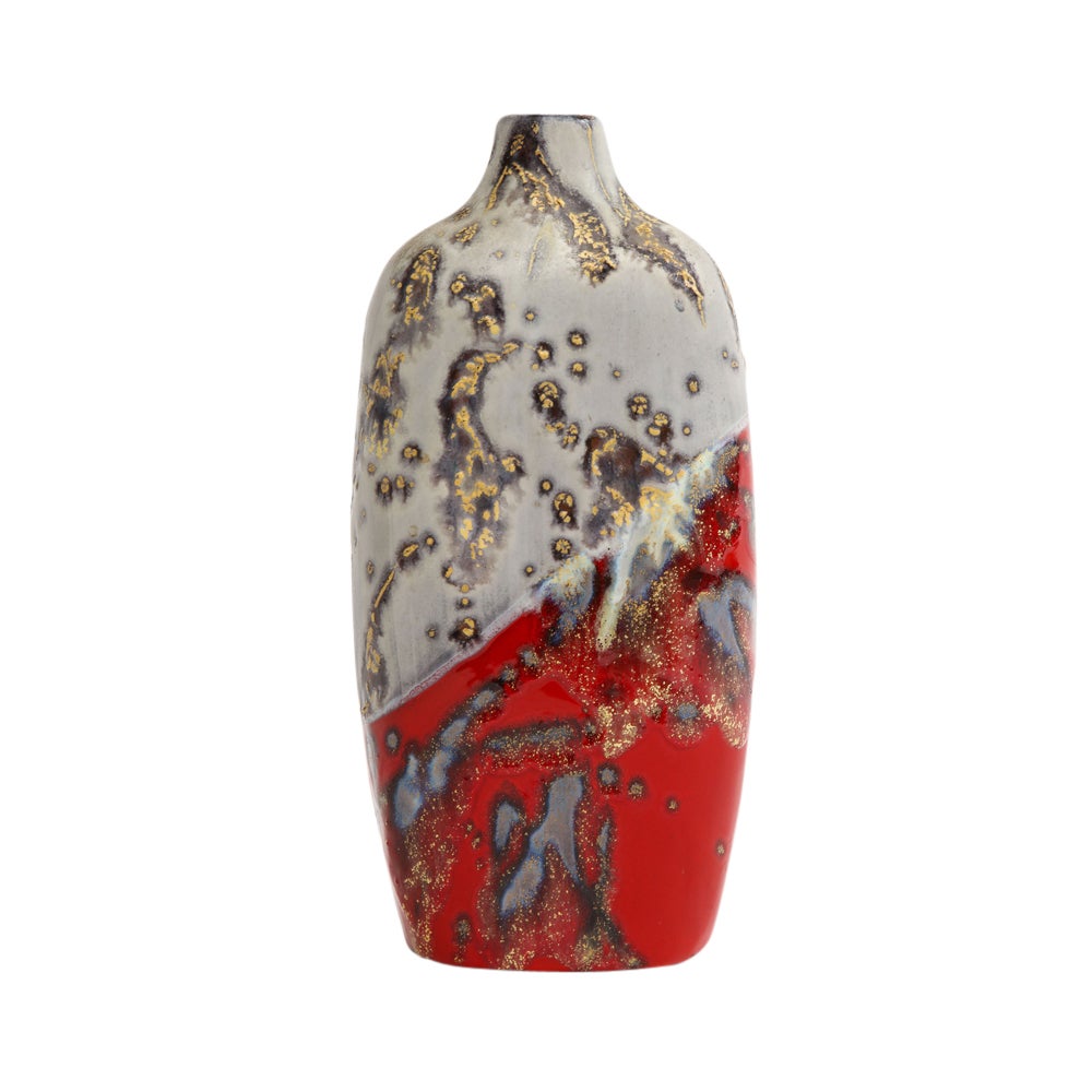 Mid-Century Modern Marcello Fantoni Vase, Stoneware, Abstract, Red, Gold, Gray, Signed For Sale