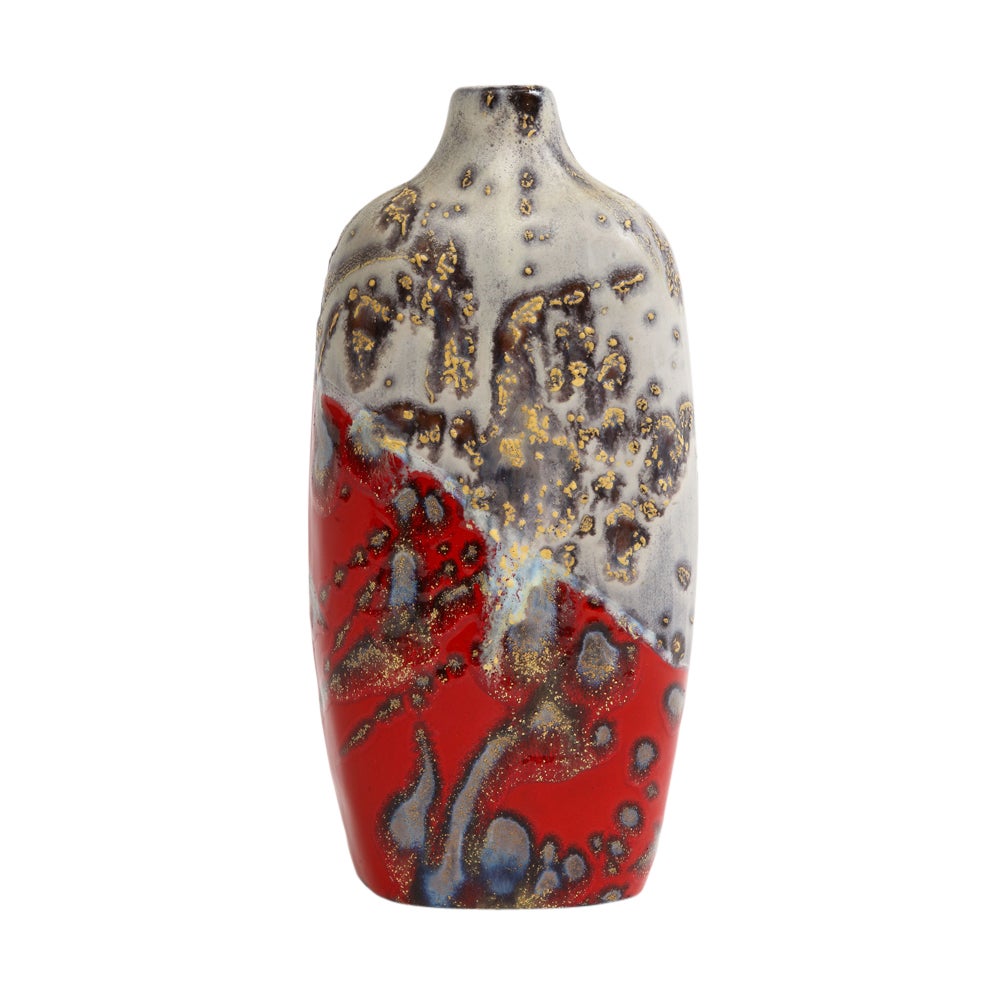 Italian Marcello Fantoni Vase, Stoneware, Abstract, Red, Gold, Gray, Signed For Sale