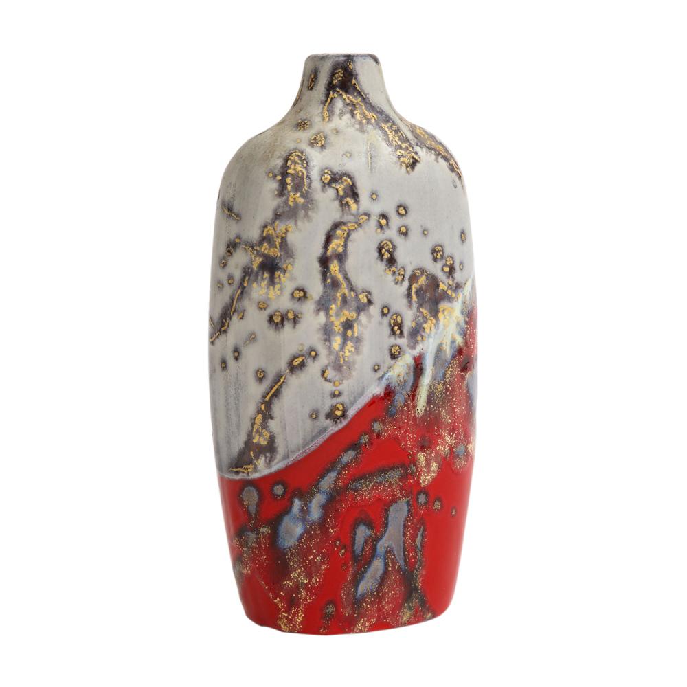 Glazed Marcello Fantoni Vase, Stoneware, Abstract, Red, Gold, Gray, Signed For Sale