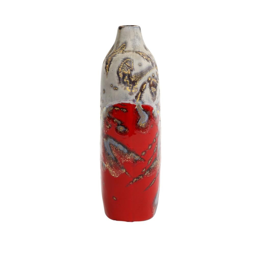 Milieu du XXe siècle Vase Marcello Fantoni, grès, abstrait, rouge, or, gris, signé en vente