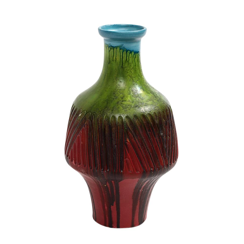 Vase Marcello Fantoni, grès incisé, rouge, vert, bleu, glaçure à gouttes, signé en vente 2