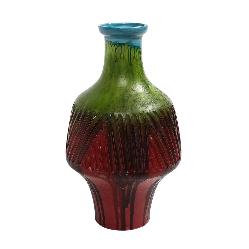 Vase Marcello Fantoni, grès incisé, rouge, vert, bleu, glaçure à gouttes, signé en vente 3