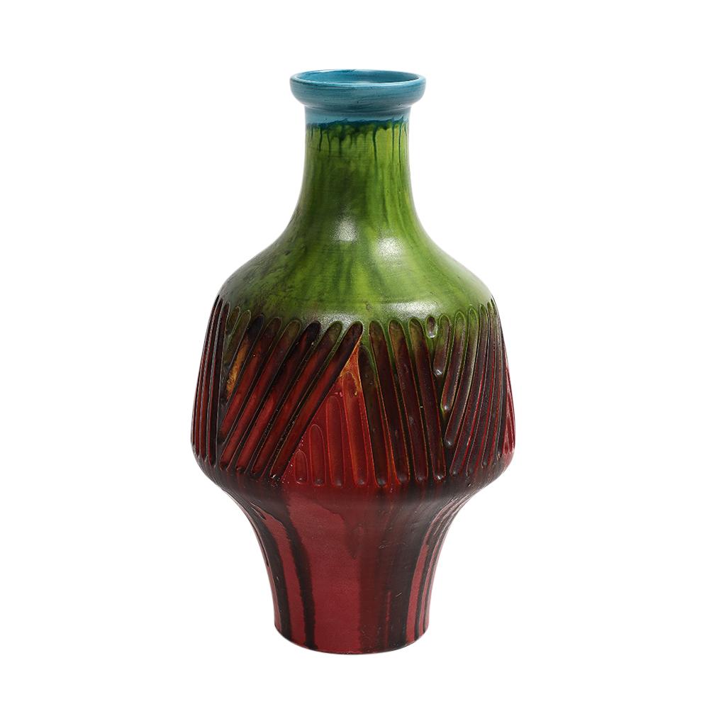 Vase Marcello Fantoni, grès incisé, rouge, vert, bleu, glaçure à gouttes, signé en vente 5