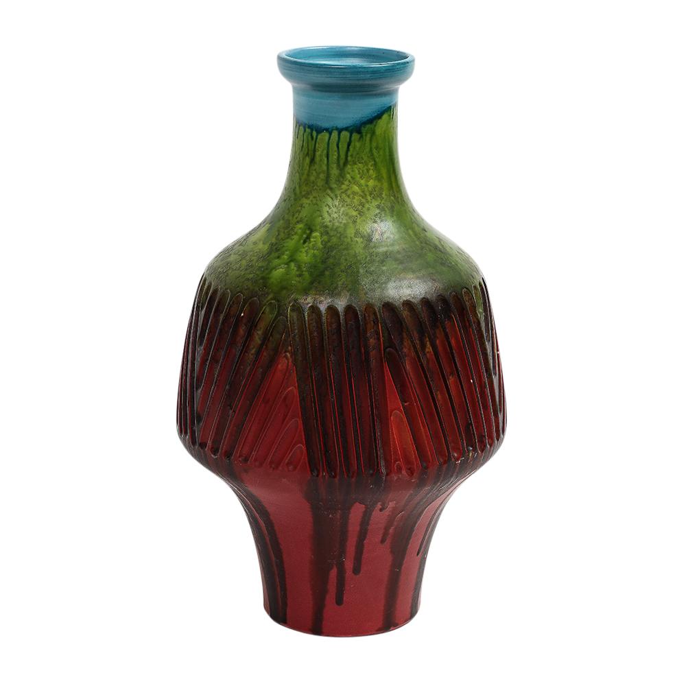 Vase Marcello Fantoni, grès incisé, rouge, vert, bleu, glaçure à gouttes, signé en vente 9