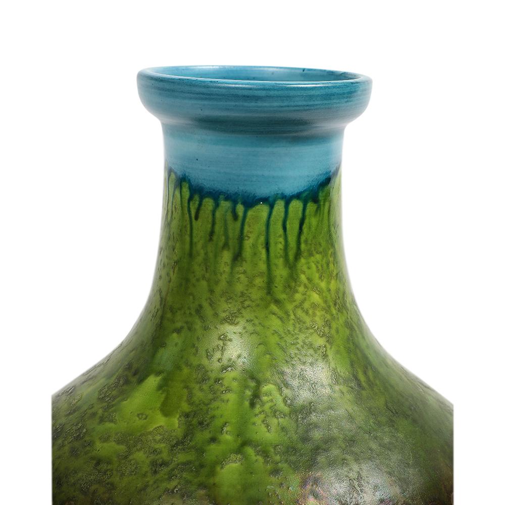 Mid-Century Modern Vase Marcello Fantoni, grès incisé, rouge, vert, bleu, glaçure à gouttes, signé en vente