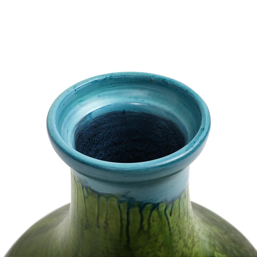 Vernissé Vase Marcello Fantoni, grès incisé, rouge, vert, bleu, glaçure à gouttes, signé en vente