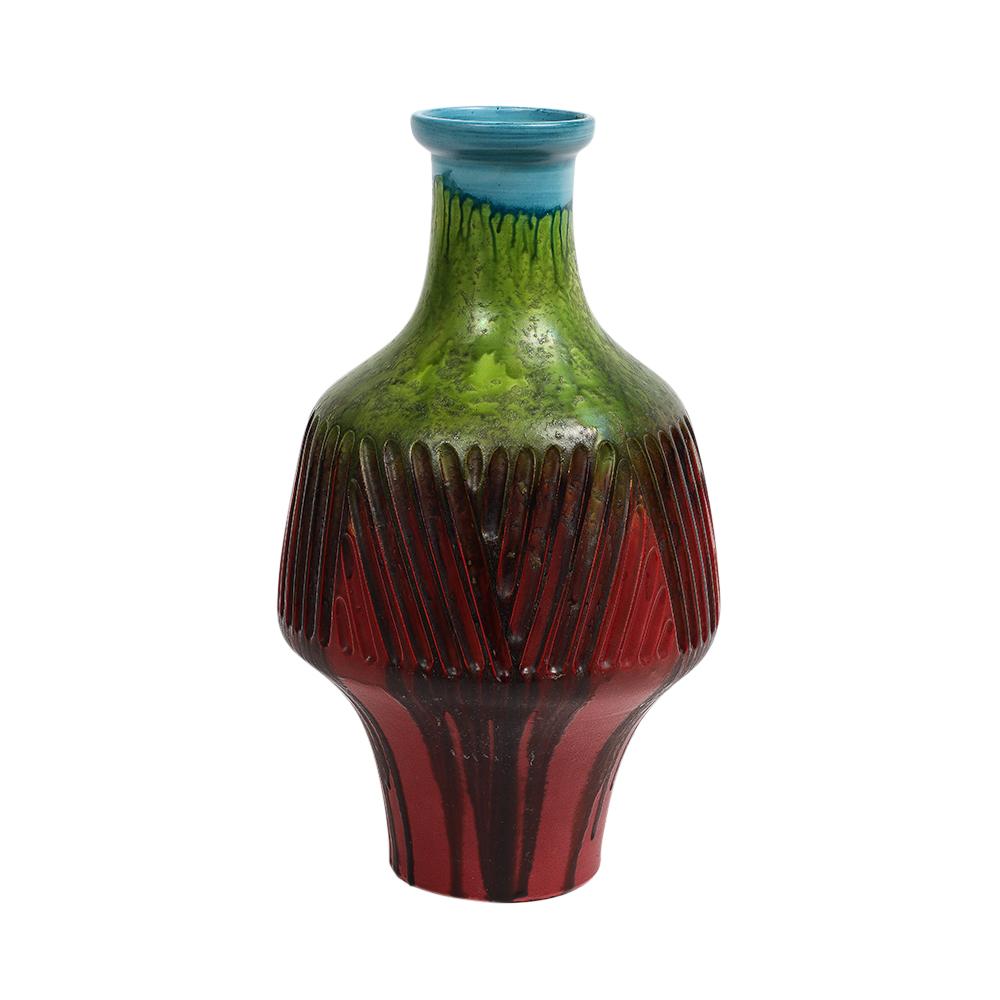 Vase Marcello Fantoni, grès incisé, rouge, vert, bleu, glaçure à gouttes, signé Bon état - En vente à New York, NY