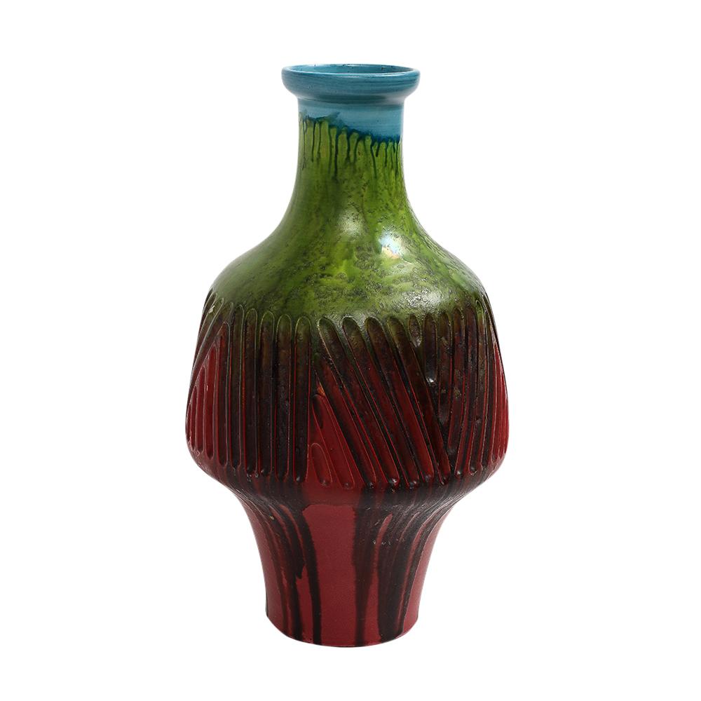 Poteries Vase Marcello Fantoni, grès incisé, rouge, vert, bleu, glaçure à gouttes, signé en vente