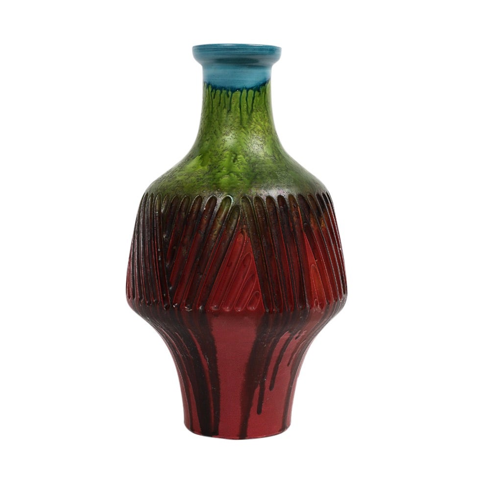 Vaso di Marcello Fantoni, Gres, Inciso, Rosso, Verde, Blu, Smalto a goccia, Firmato