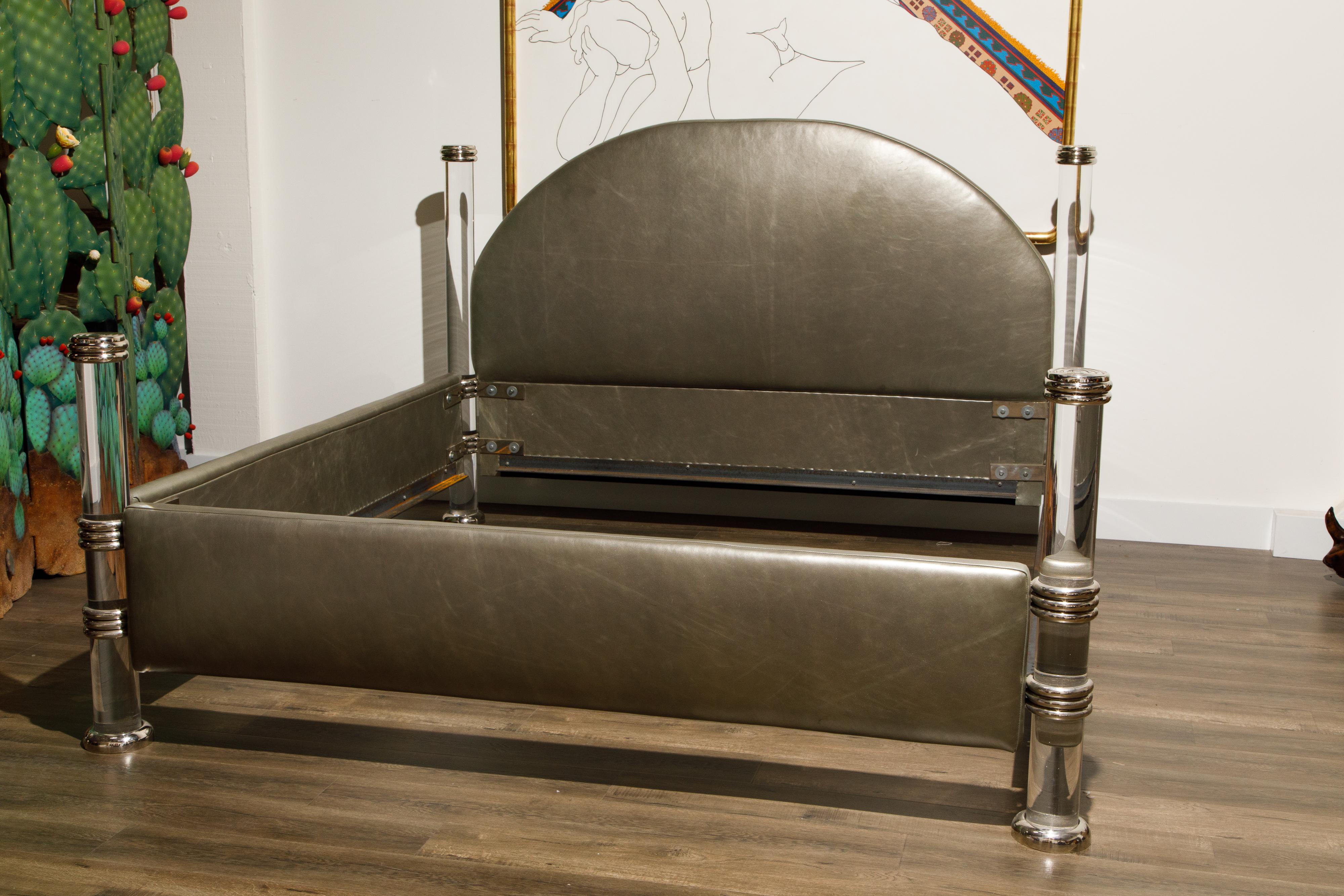 This beautiful king sized four-post bed by Marcello Mioni features gleaming lucite and hefty chromed steel posts and accents with sumptuous leather for the headboard, footboard and side rails. Also two matching leather bolster pillows are