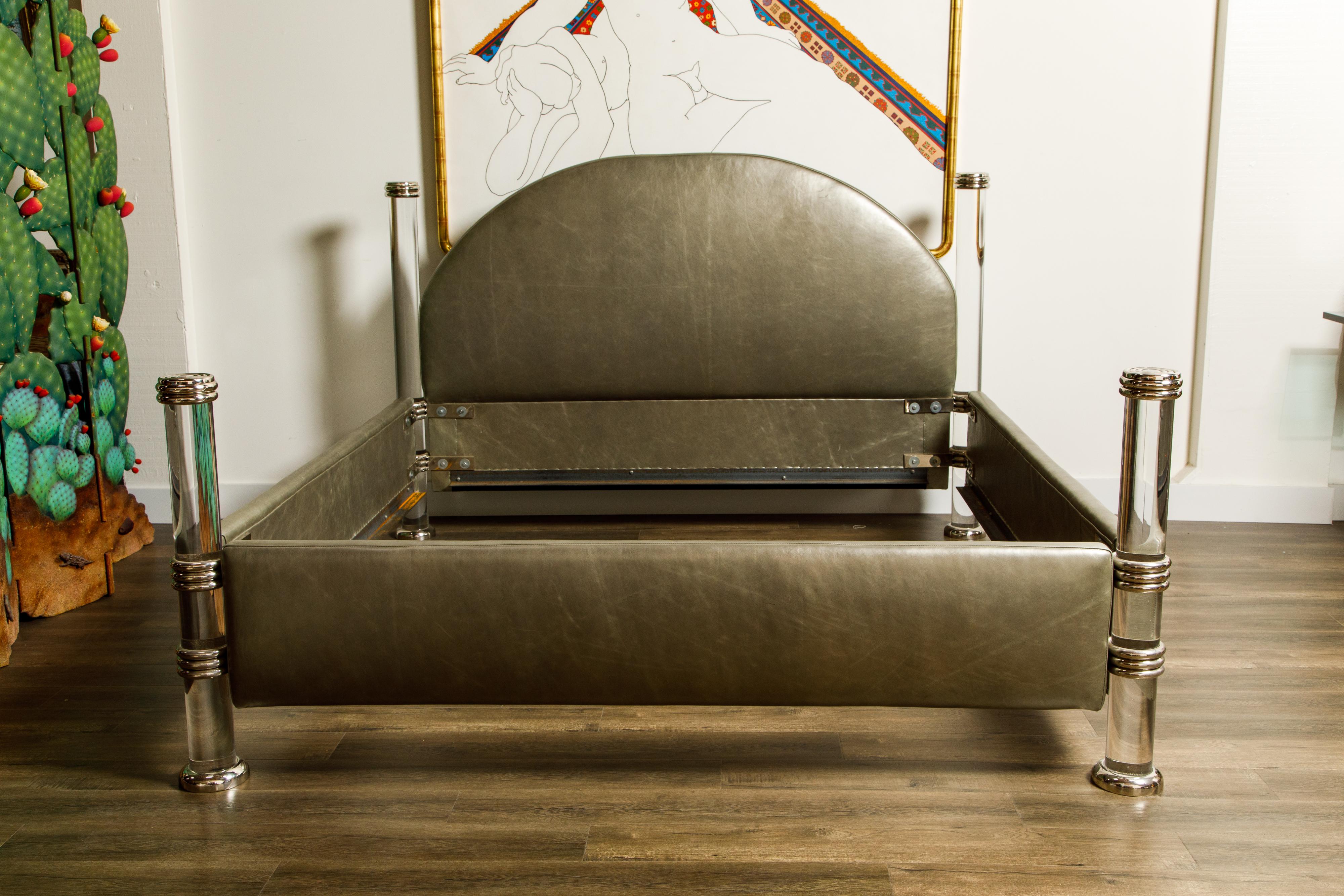 Italian Marcello Mioni Hollywood Regency Leather and Lucite King Size Bed, Italy c 1970s