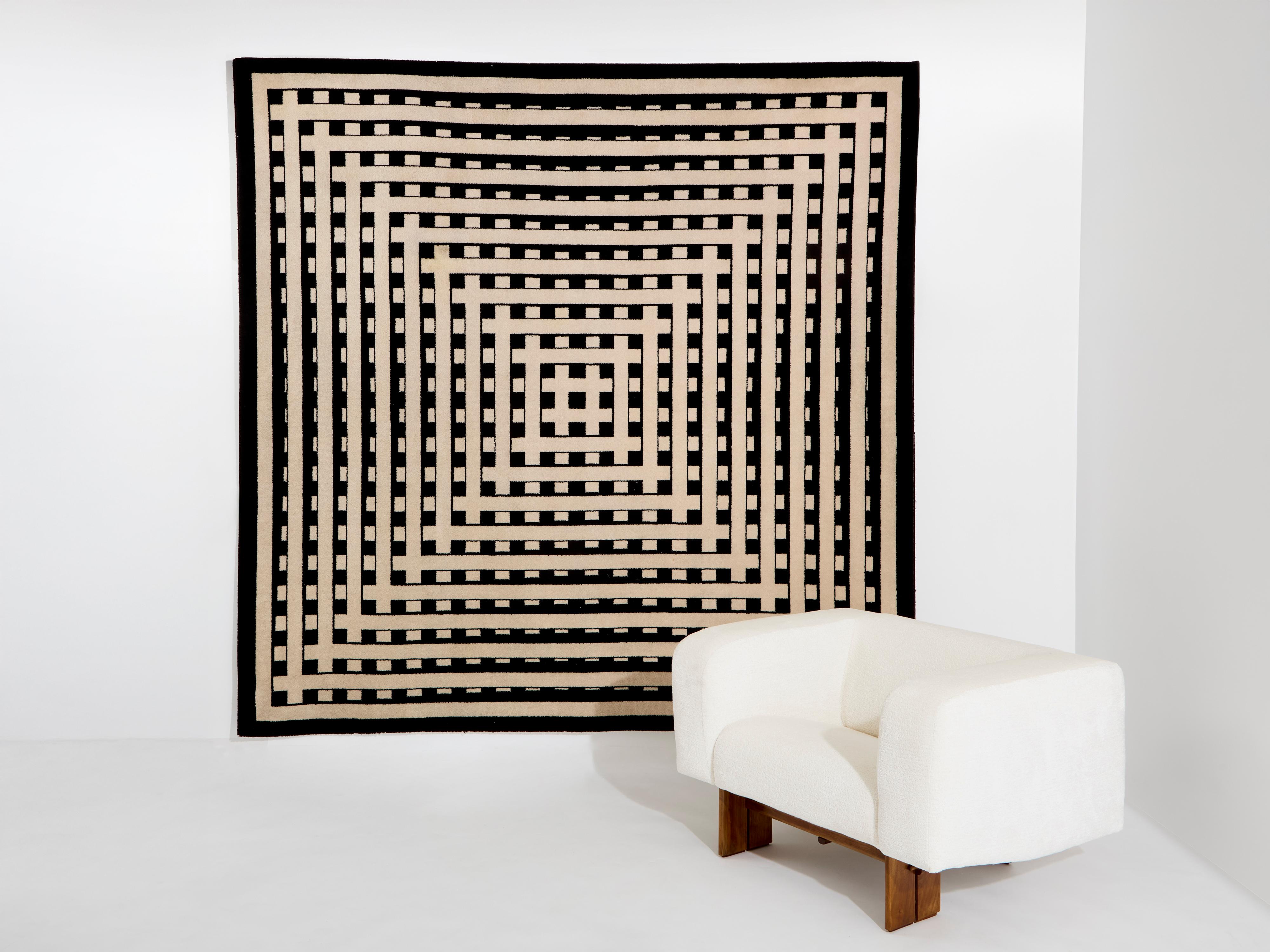 Marcello Morandini black and beige kinetic tufted wool rug 1989 For Sale 1