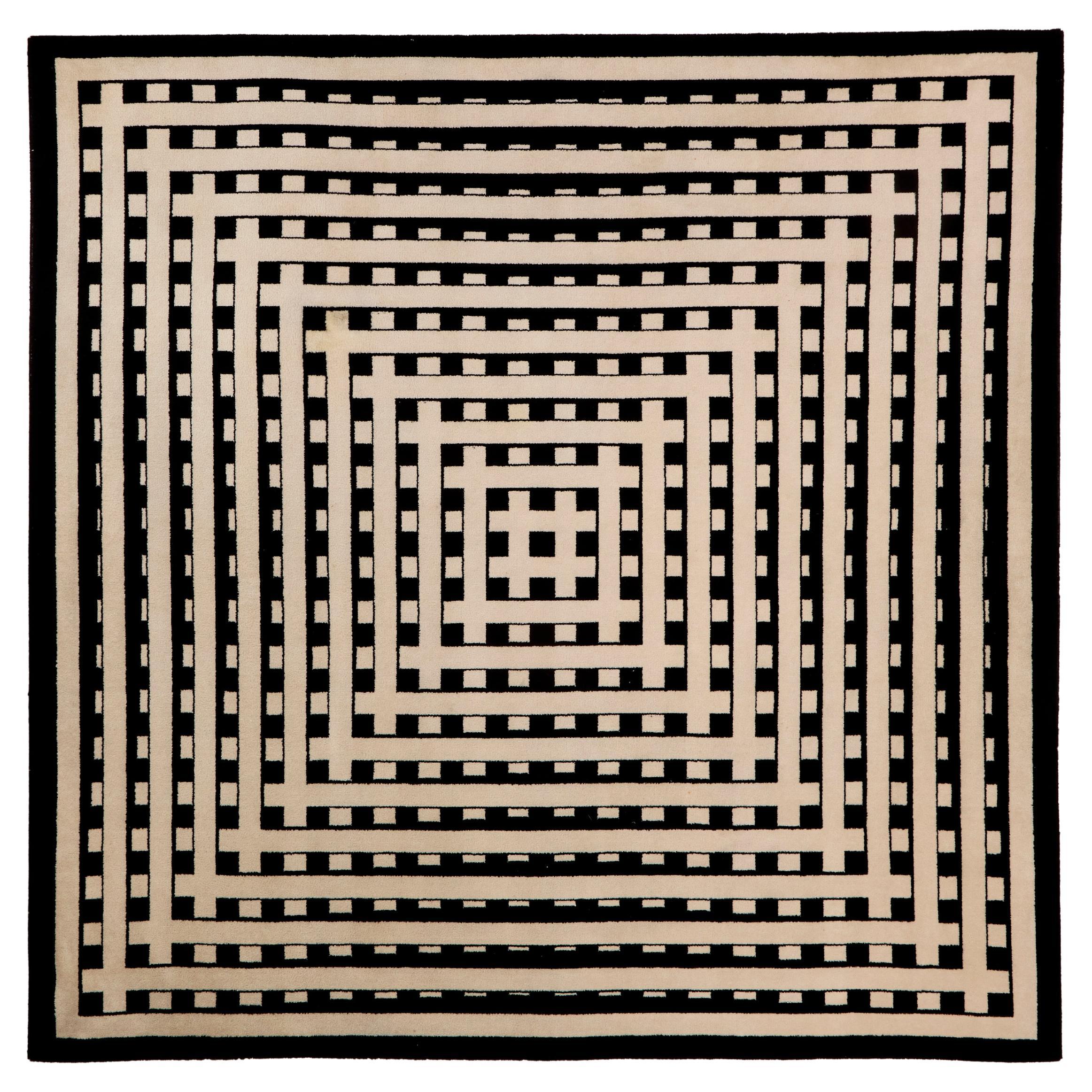Marcello Morandini black and beige kinetic tufted wool rug 1989 For Sale