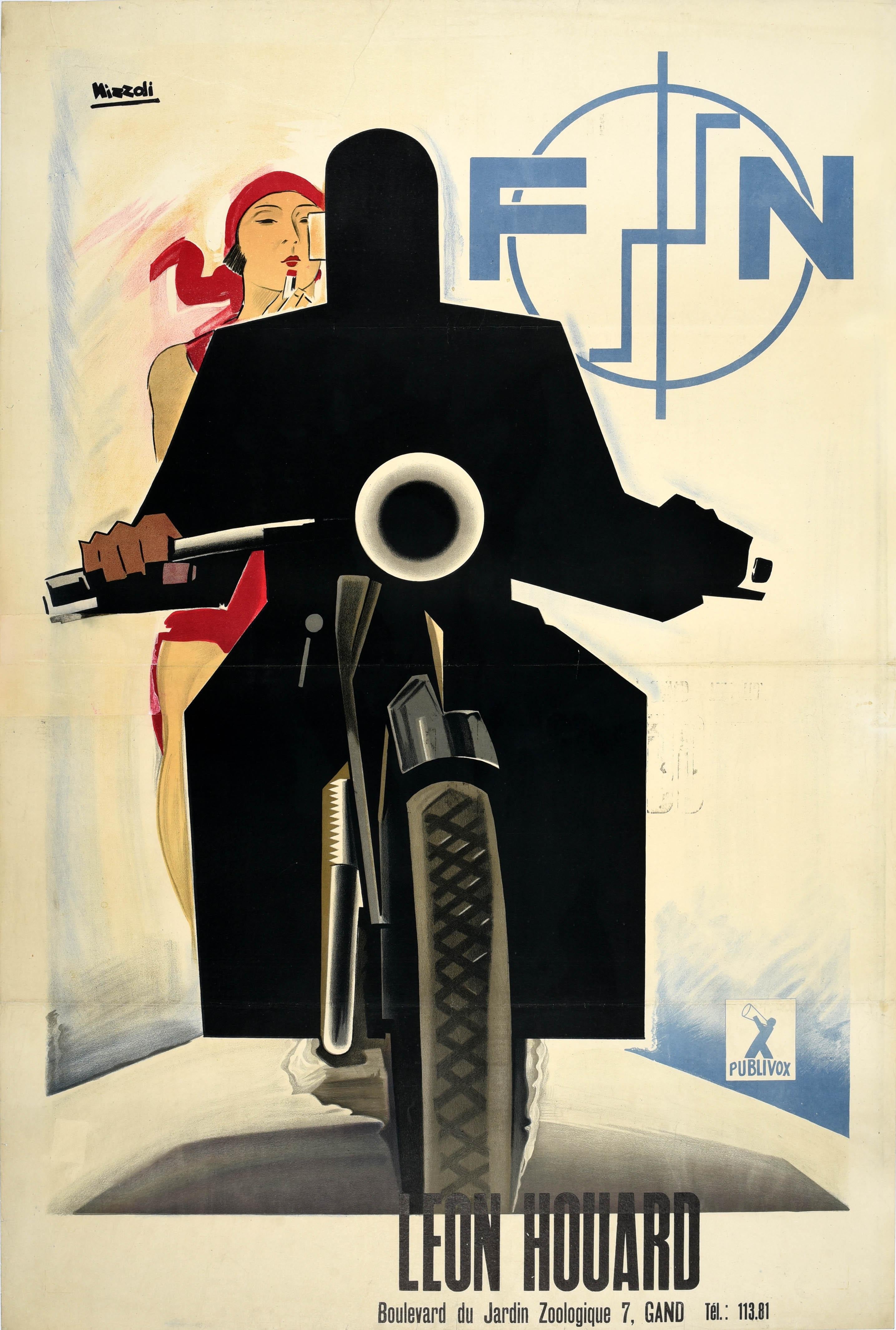 Marcello Nizzoli Print – Original-Vintage-Werbeplakat Leon Houard Fabrique Nationale Motorrads