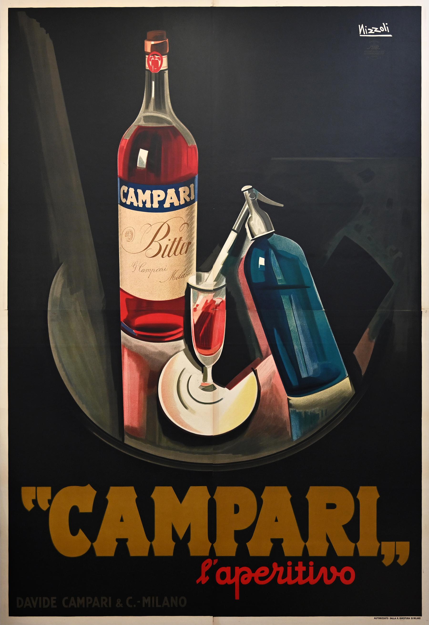 This beautiful poster by Marcello Nizzoli features a black background, with a bright red Campari bottle and glass in the center of the poster. The design is simple and effective in this large scale poster, leaving no guesswork for the viewers of