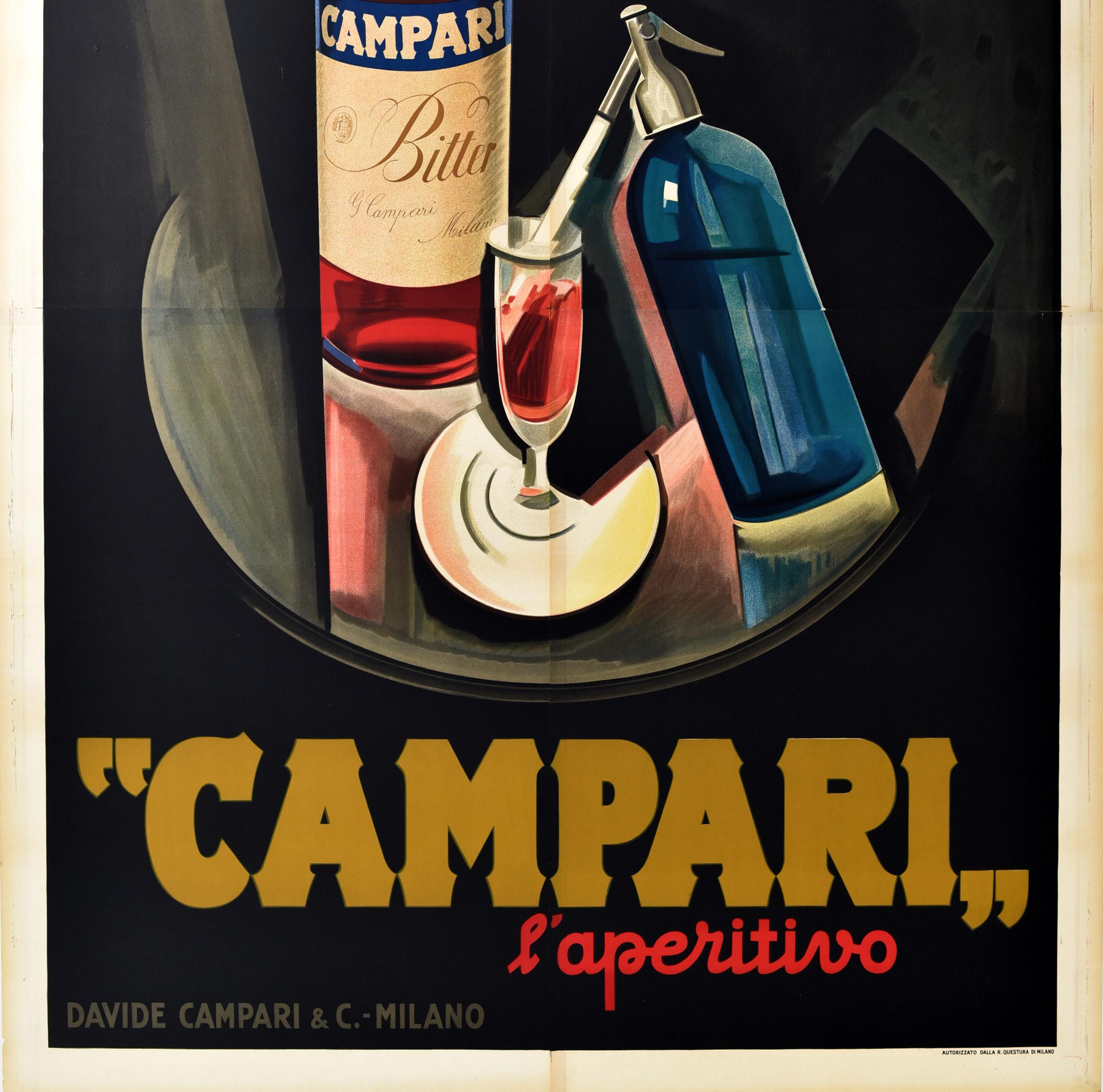 Rare and very large original vintage drink advertising poster for Campari, an alcoholic bitter aperitif drink made with herbs and fruit infused in alcohol and water. Stunning Art Deco style design by the Italian artist Marcello Nizzoli (1887-1969)