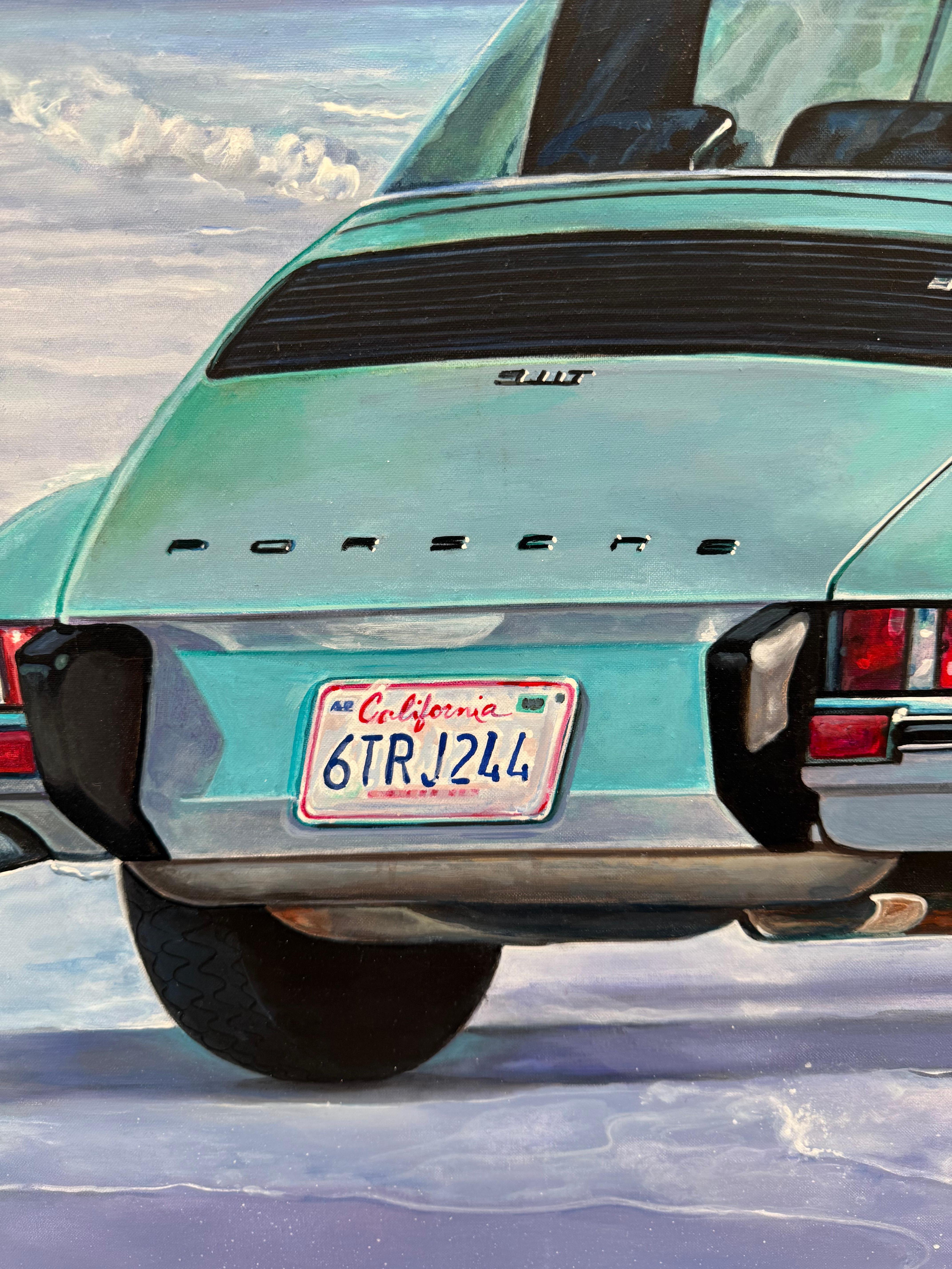 “Blue Spot” by Marcello Petisci seamlessly blends the elegance of classic automotive design with the relaxed beauty of coastal living. The scene captures a vintage Porsche parked at the edge of a serene beach, its polished curves reflecting the