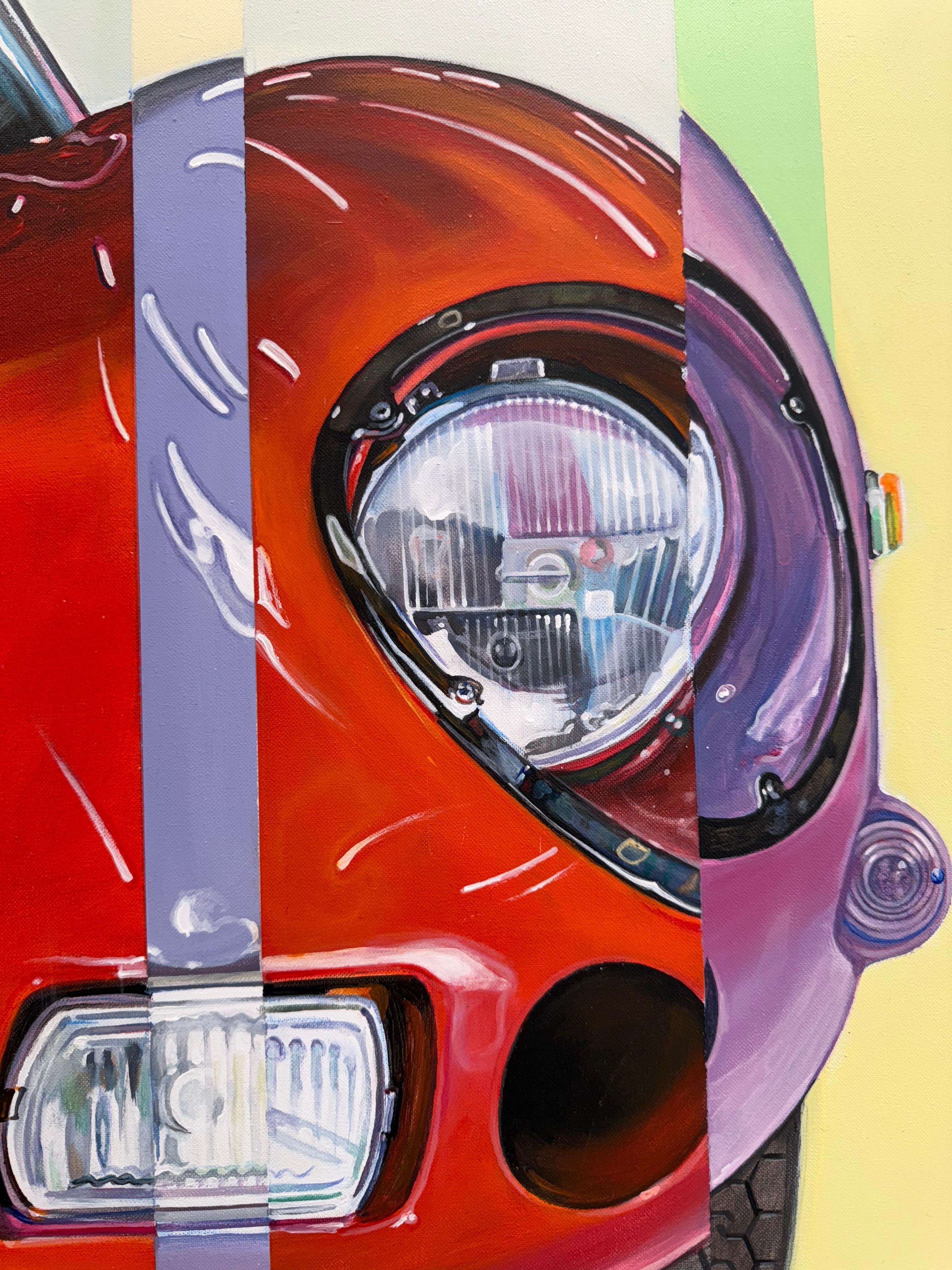 “Ferrari 250 GTO” by Marcello Petisci reimagines one of the most legendary sports cars in automotive history through a playful and contemporary lens. The classic Ferrari form is colorfully deconstructed into vertical stripes of pink, green, blue,