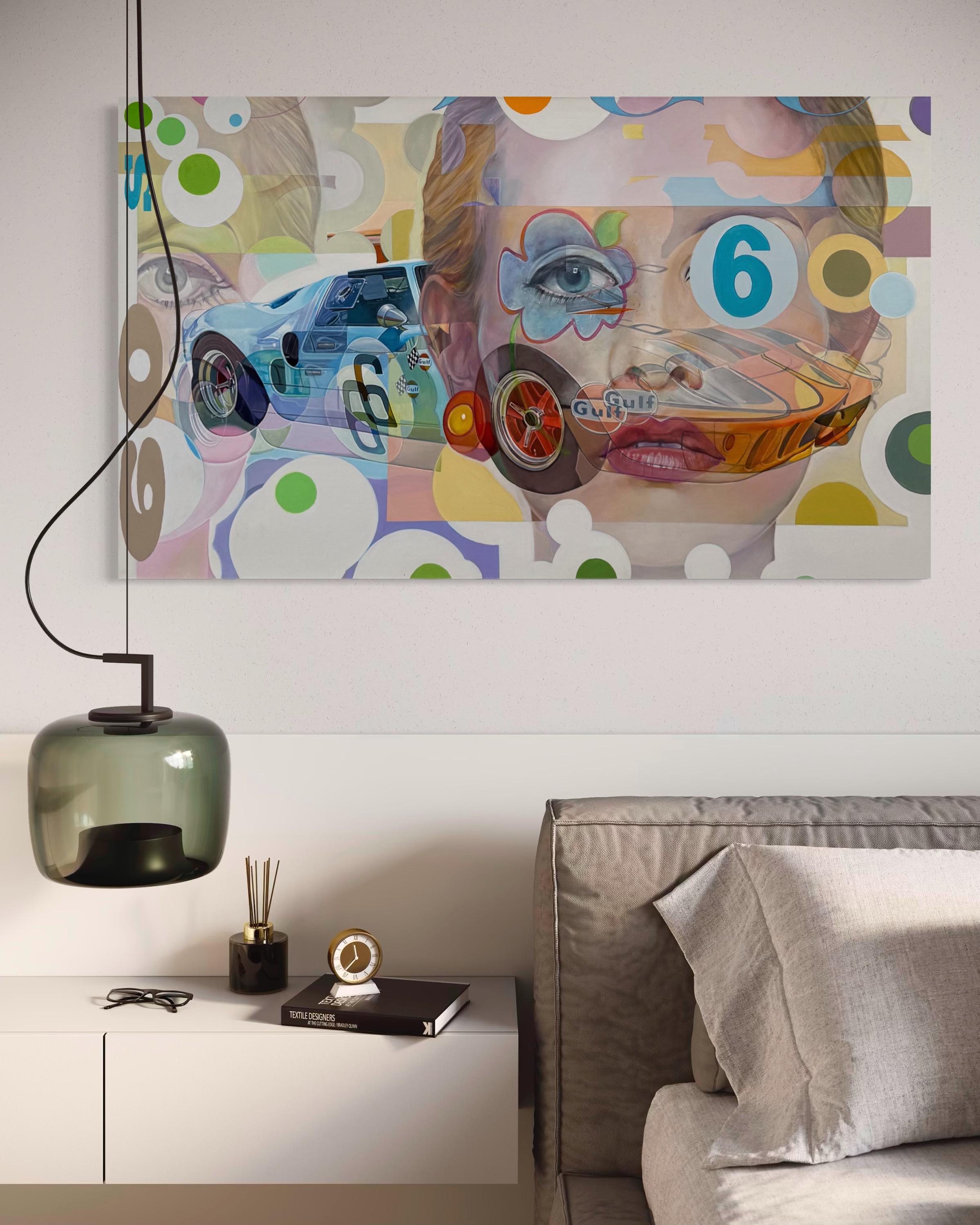 “Sixties” by Marcello Petisci captures the bold energy, color, and cultural style of the 1960s. The composition centers on a sleek vintage race car with the number 6 emblazoned on its side—a nod to the golden era of motorsport. Layered over the car