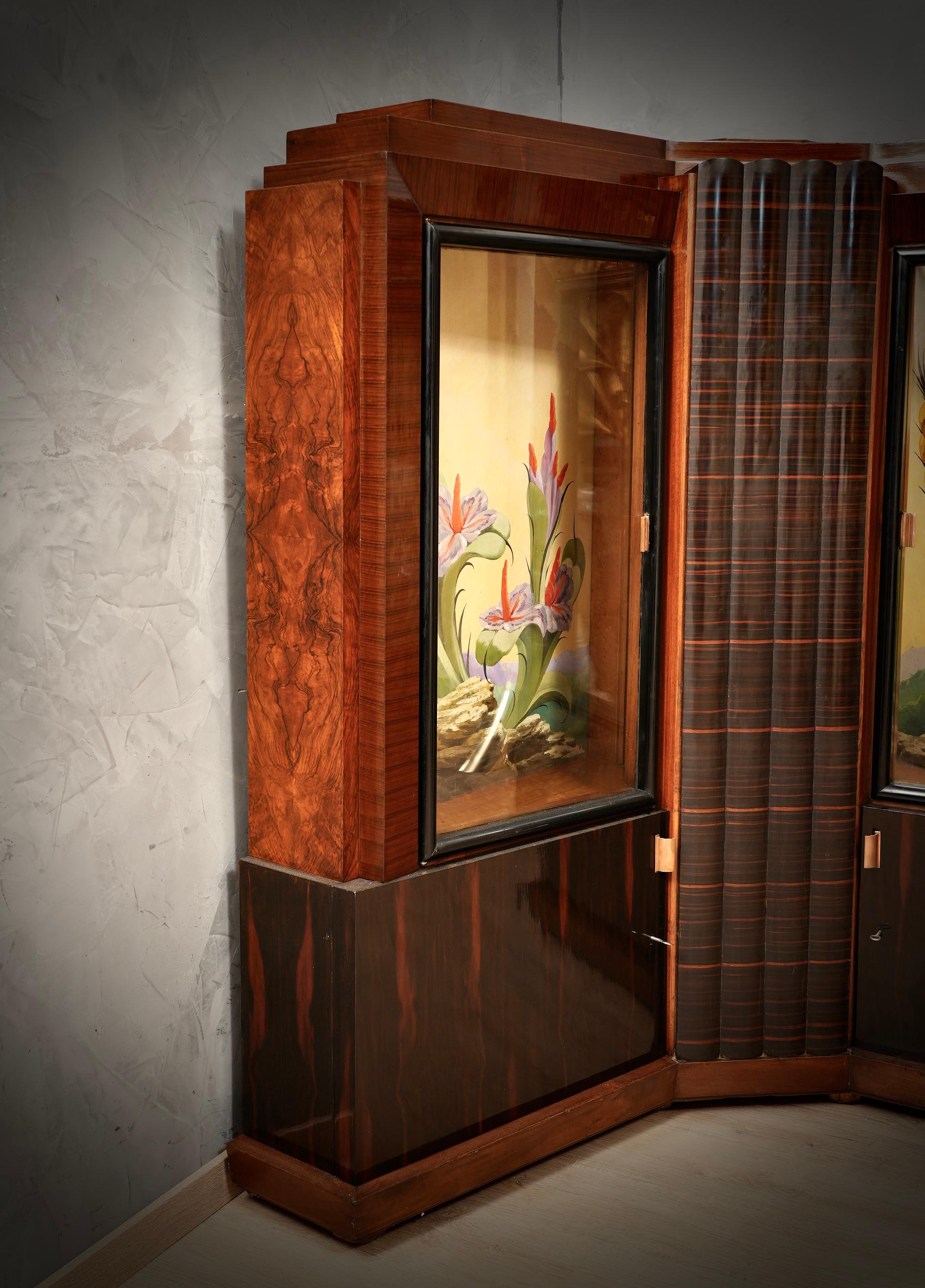 Mid-20th Century Marcello Piacentini Art Deco Walnut Wood Italian Corner Cupboards, 1940 For Sale