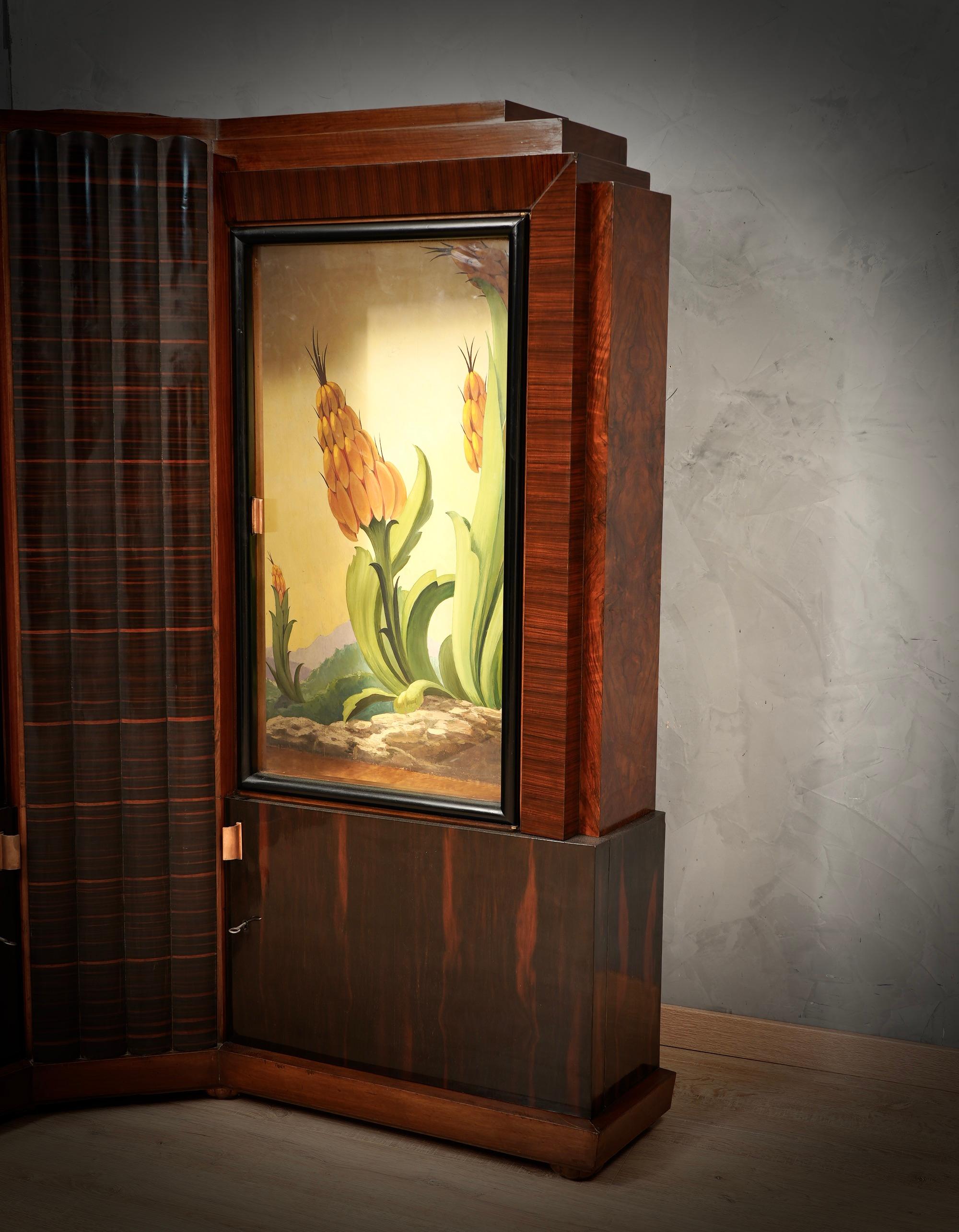 Marcello Piacentini Art Deco Walnut Wood Italian Corner Cupboards, 1940 For Sale 1