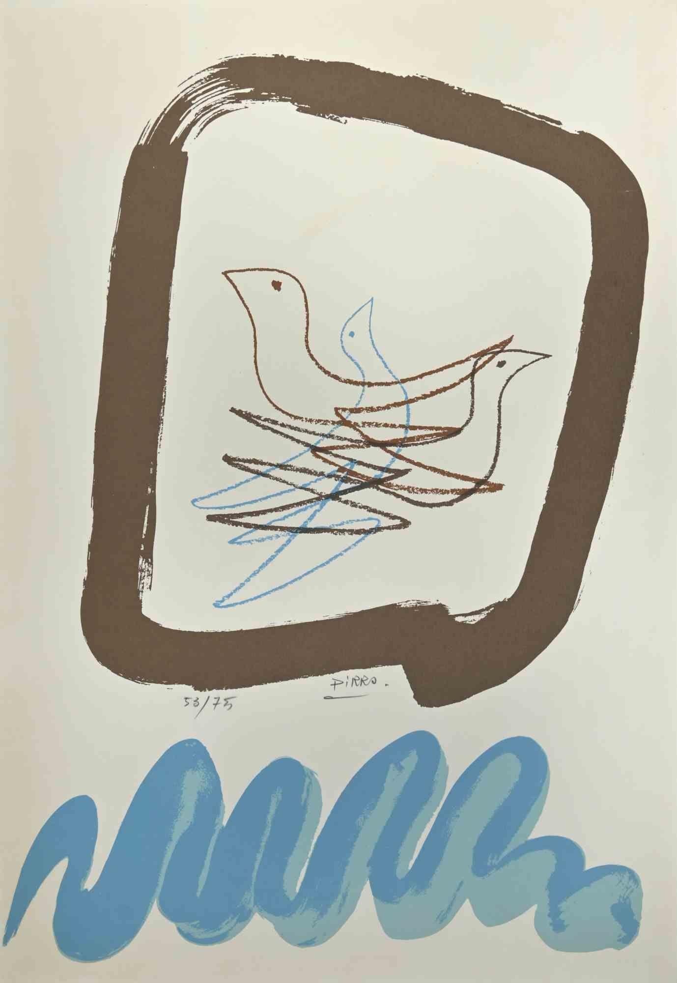 Birds is a lithograph realized by Marcello Pirro.  

Hand-signed, numbered, edition of 53/75 prints.

The state of preservation is very good.

The artwork represents a brilliant composition with birds nest in a brownish frame, down a water shape in
