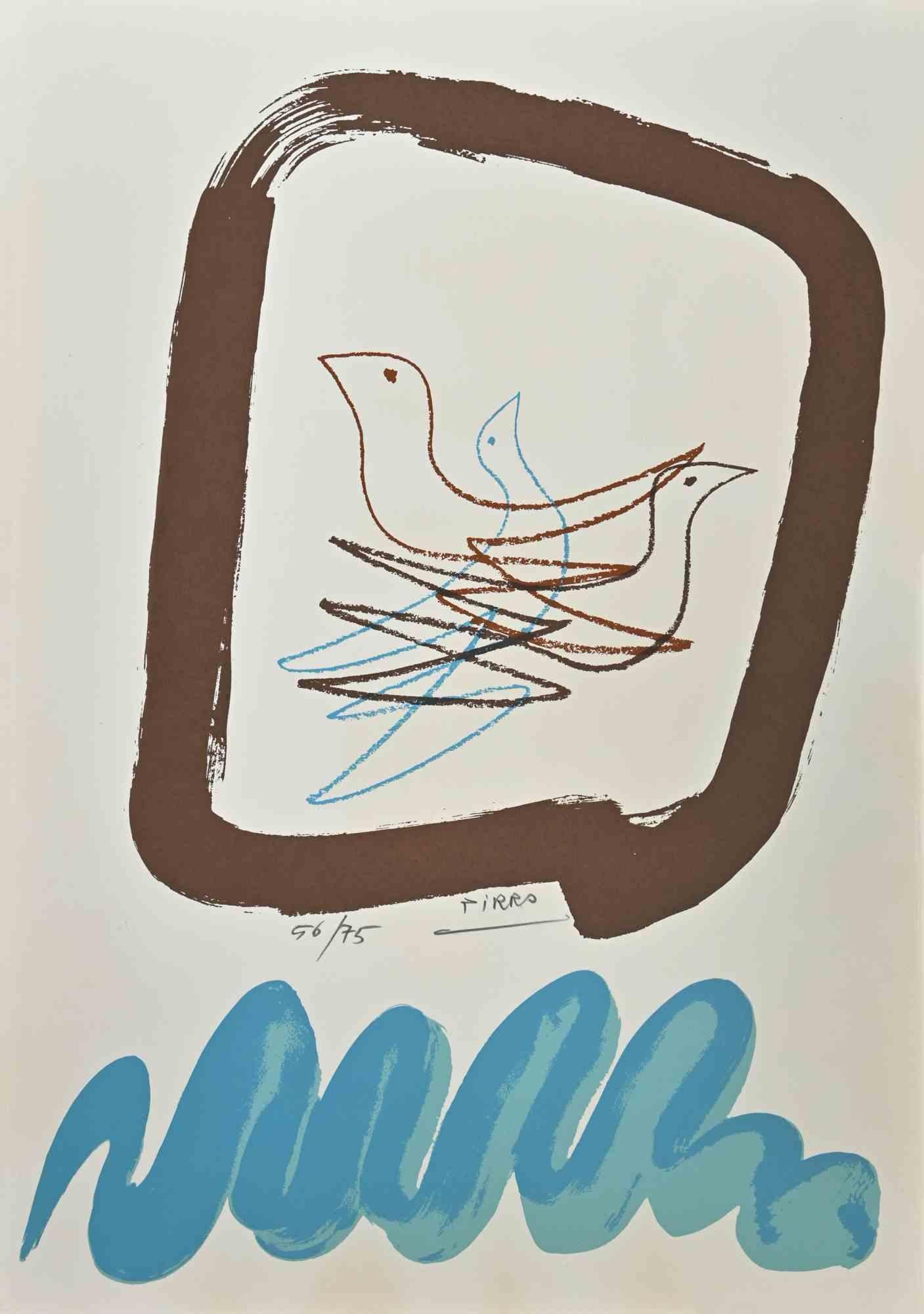 Pigeons – Lithographie von M. Pirro – 1970er Jahre