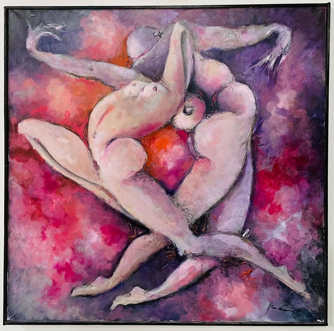 An exceptional large oil on canvas painting by the Italian artist Marcello Reboani (Italy, Rom, Born 1957). The painting shows two nude bodies intertwined in space in red, purple and pink color tones enhancing the passionate vibe of the art work.