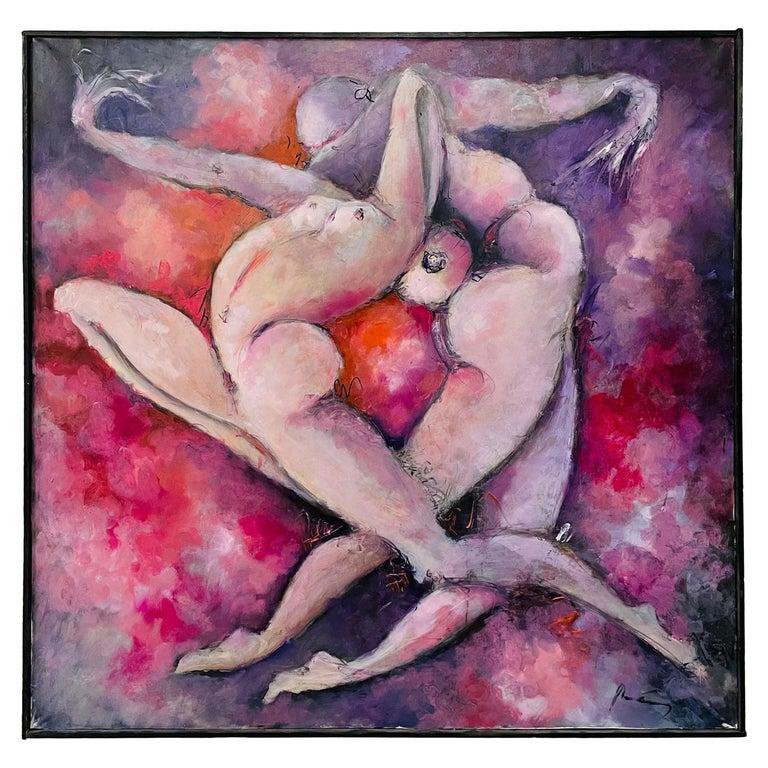 Exceptionnelle grande huile sur toile de l
artiste italien Marcello Reboani (Italie, Rom, né en 1957). La peinture montre deux corps nus entrelacés dans l
espace dans des tons de rouge, de violet et de rose qui renforcent l
atmosphère passionnée de