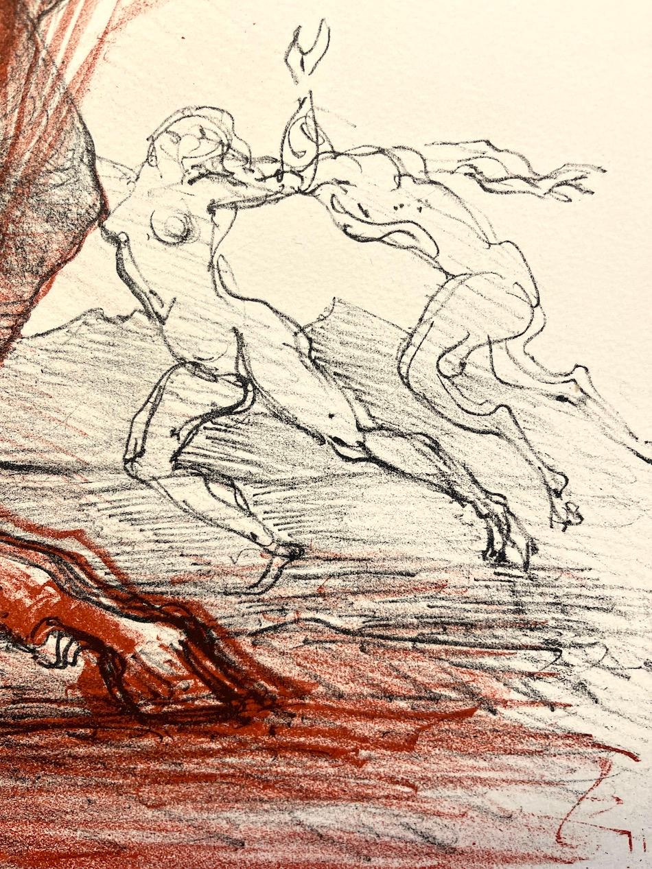 OVID METAMORPHOSES - Metamorfosi di Ovidio è una litografia originale disegnata a mano dall'artista scultore italiano Marcello Tommasi (1928-2008). Stampato a mano con inchiostro nero e marrone rosso intenso su carta da stampa d'archivio utilizzando