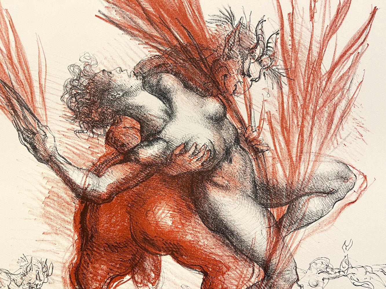 OVID METAMORPHOSES - Metamorfosi di Ovidio est une lithographie originale dessinée à la main par l'artiste sculpteur italien Marcello Tommasi (1928-2008). Imprimé à la main avec de l'encre noire et de l'encre brune rouge foncé sur du papier